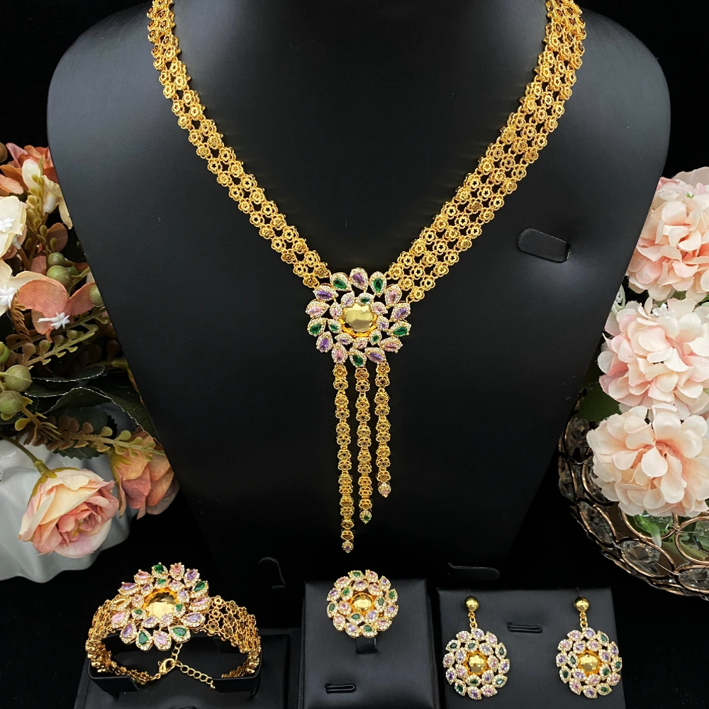 

JRH элегантный свадебный позолоченный латунный комплект ювелирных изделий с кубическим цирконием, ожерелье, серьги, браслет, кольцо, аксессуары для свадебной вечеринки