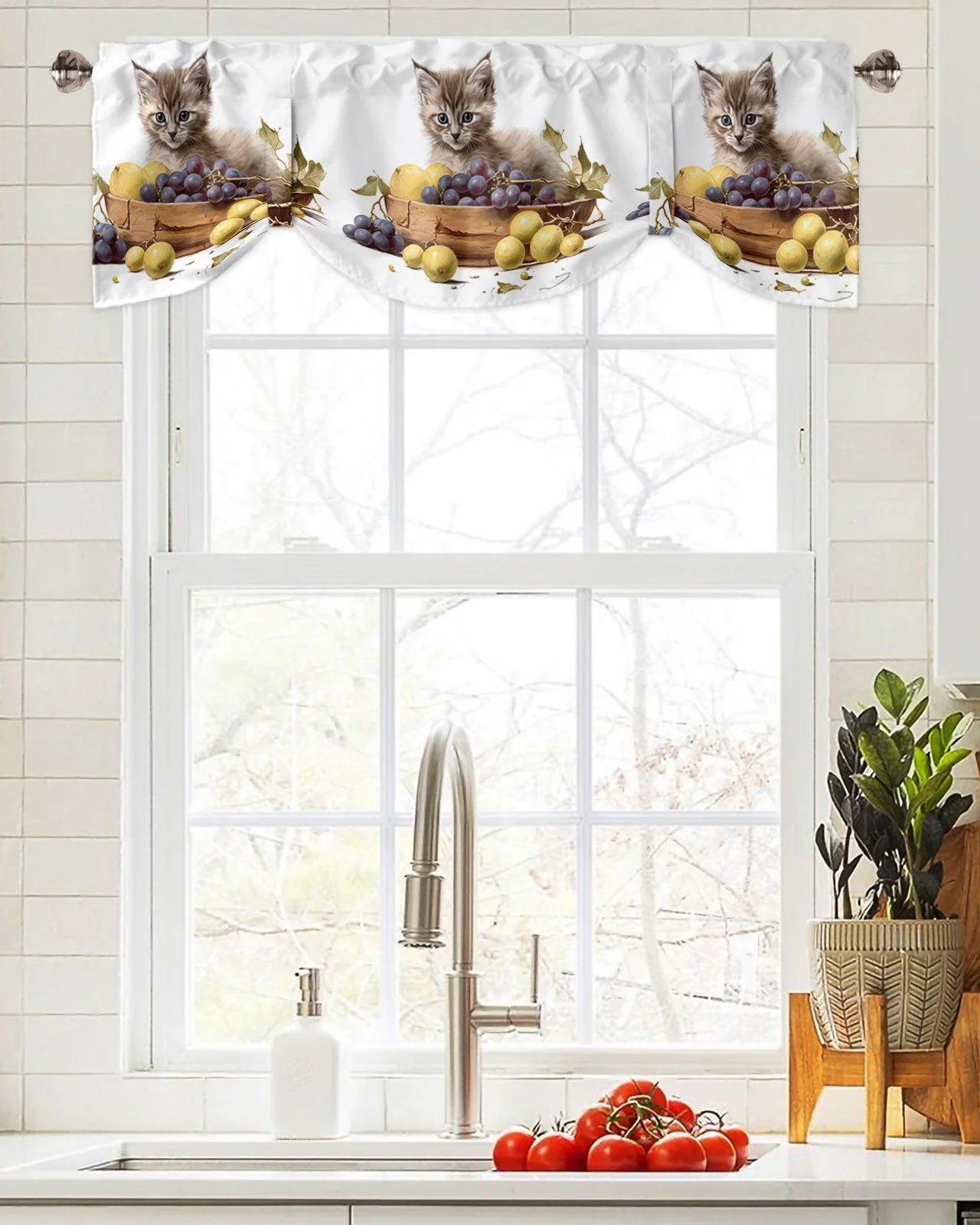 Kitten Fruit Grapes Window Curtain Living Room Kitchen Cabinet Tie-up Valance Curtain Rod Pocket Valance