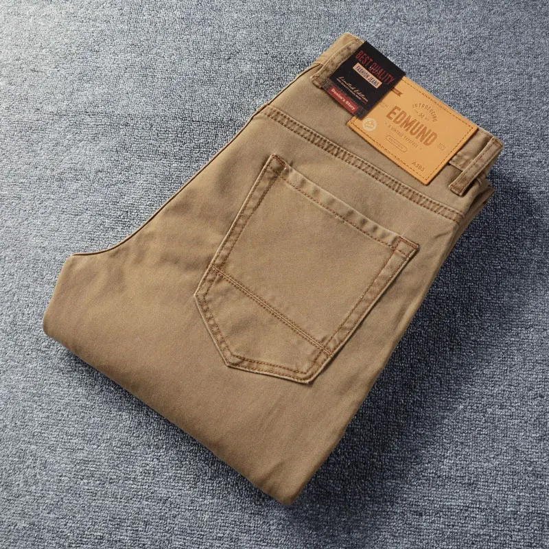 Hombre Fashionable New Men's Jeans, Washed, Nostalgic, Elastic, Slim Fit, Brown Jeans, Zipper Decoration, Designer Retro Pants