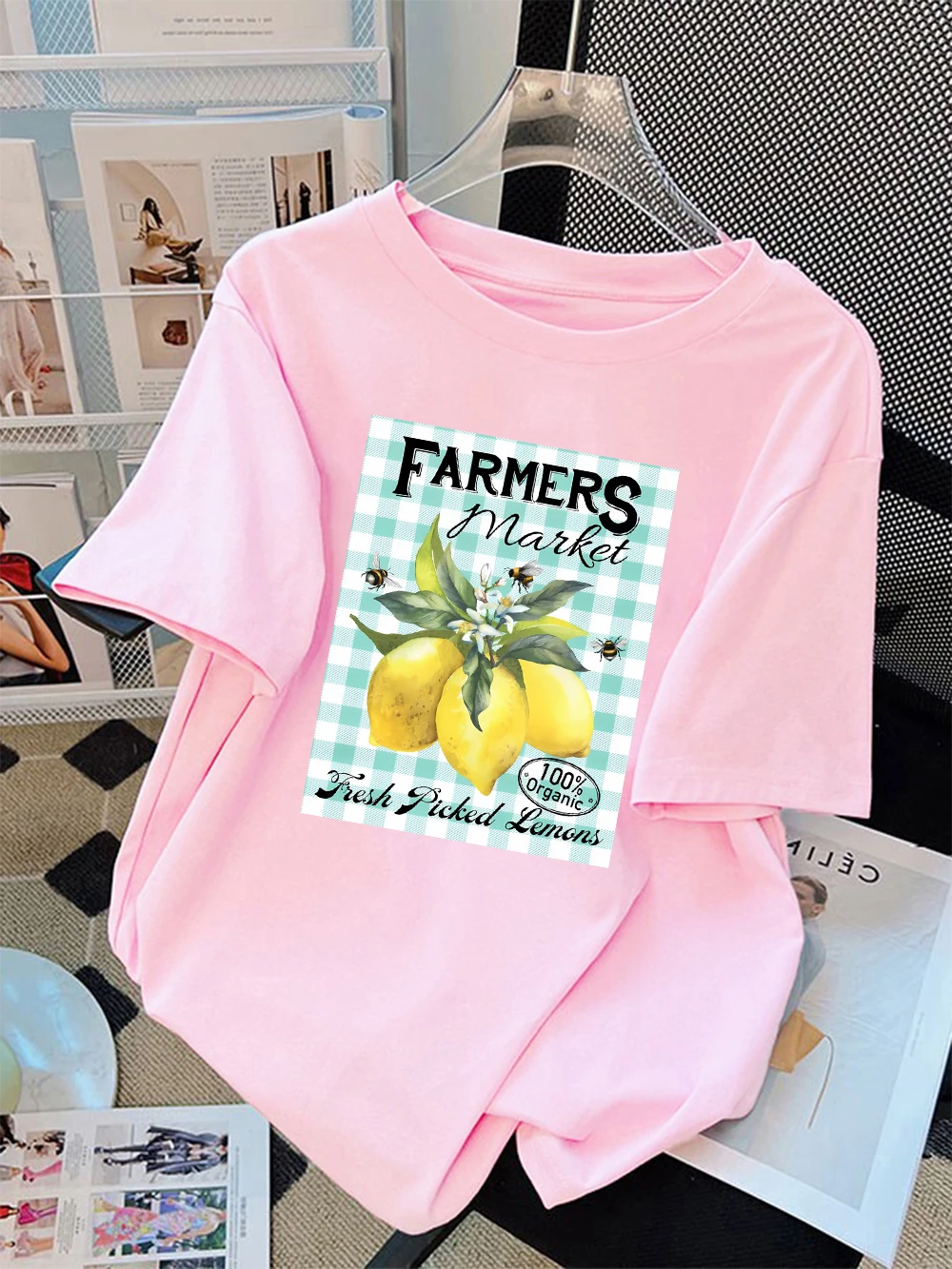 Sommer-T-Shirts aus 100 % Baumwolle für Damen, Farmers Market, frisch ausgewählte Zitronen, bedrucktes Oberteil, lockeres, weiches T-Shirt mit O-Ausschnitt, Straßen-Damenkleidung