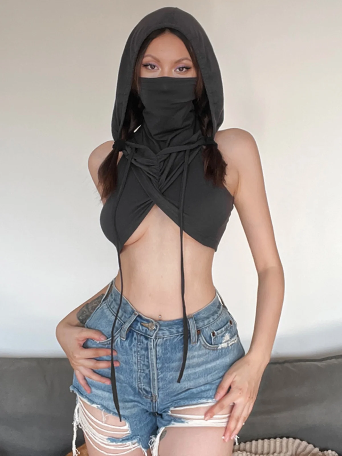 WEIRD PUSS ey Cross-Ne Svel Vest Women's Slim Fit Hoodie Street Sle ort Length Polyester Spandex Blend