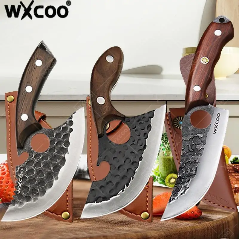 WXCOO 1pcs Forged Kitchen Knife Accessories Wooden Handle Meat Cleaver Vegetable Utility Knives Multifunctional Butcher Knife