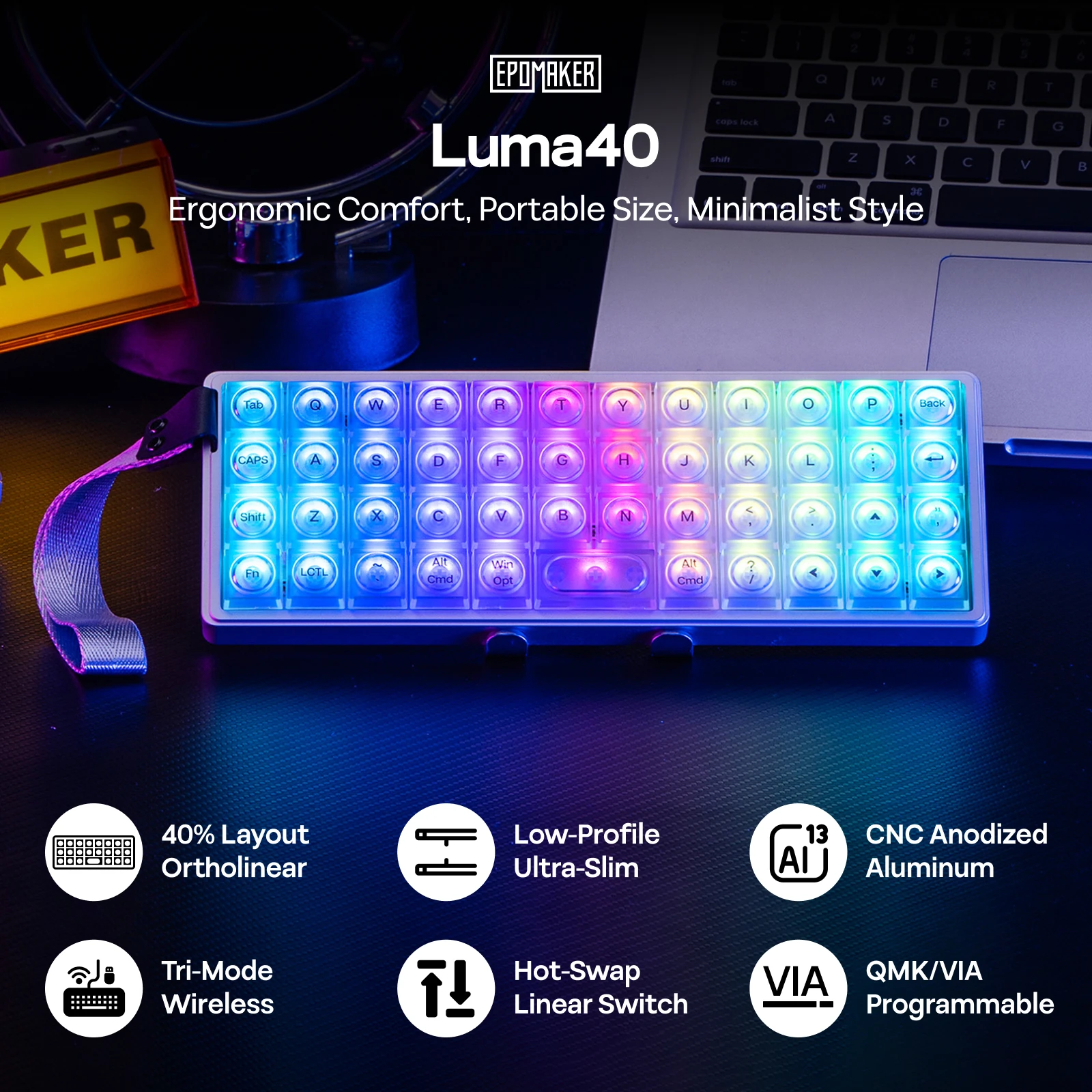

EPOMAKER Luma40 40% Эргономичная ортопедическая раскладка США Трехрежимная беспроводная низкопрофильная алюминиевая механическая клавиатура с возможностью горячей замены