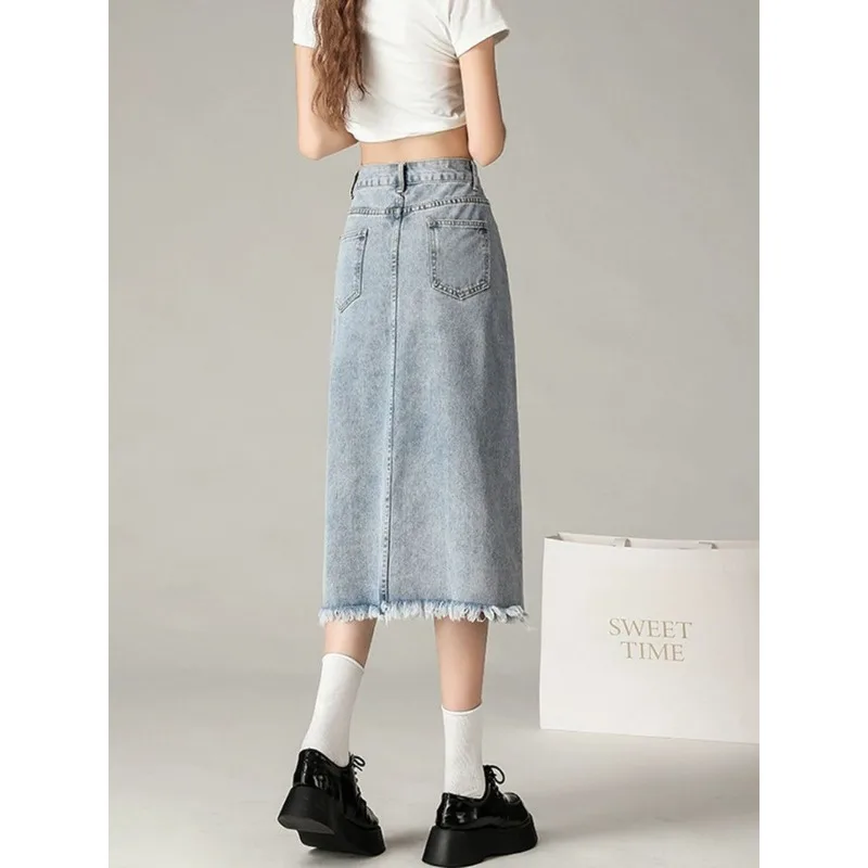 Split Tie Denim Half-body Skirt Women Summer New High-waisted Medium-length Package Hip Skirt Slim Straight A-line Bustier Skirt