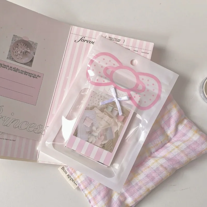 10Pcs Cute Pink Bow Transparent Window Ziplock Bag Kpop Idol 3-inch Photocard Packing Bag Kawaii Girl's Card & Gifts Packaging