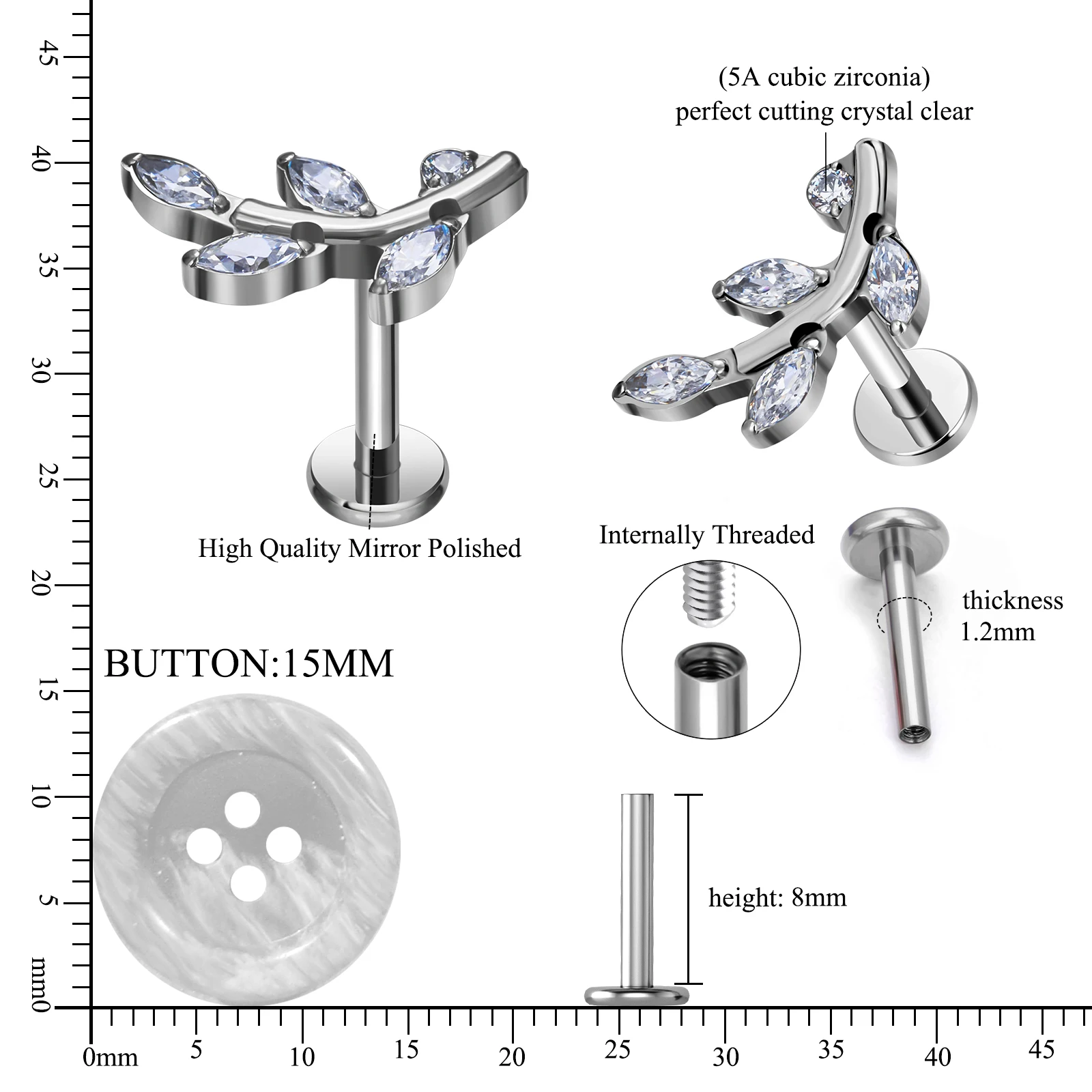 G23 Titanium ASTM F136 Piercing Body Jewelry Labret Studs Tragus Lip Tongue Heart CZ Top Threaded Piercing