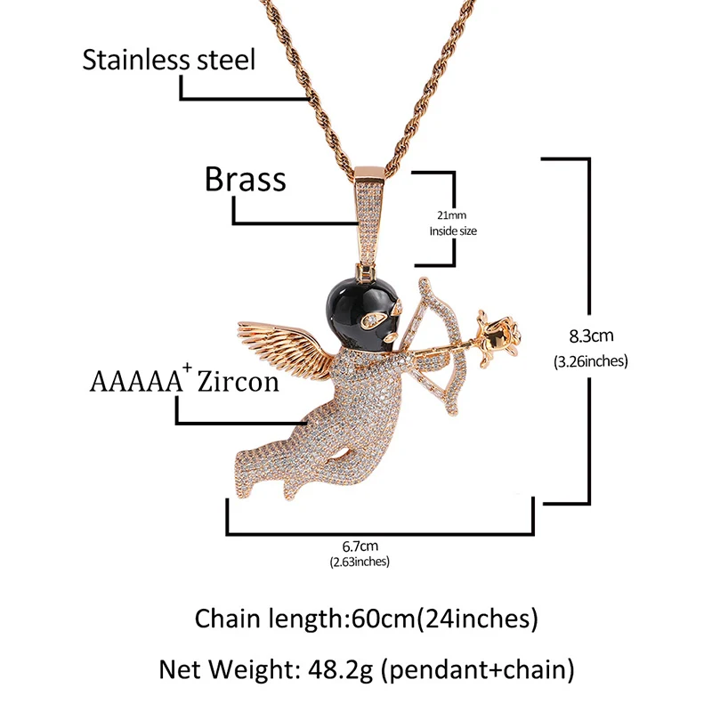 Hip Hop 5A+ CZ Stone Paved Bling Iced Out The Goddess of Love Cupid Pendants Necklace for Men Rapper Jewelry Gold Silver Color