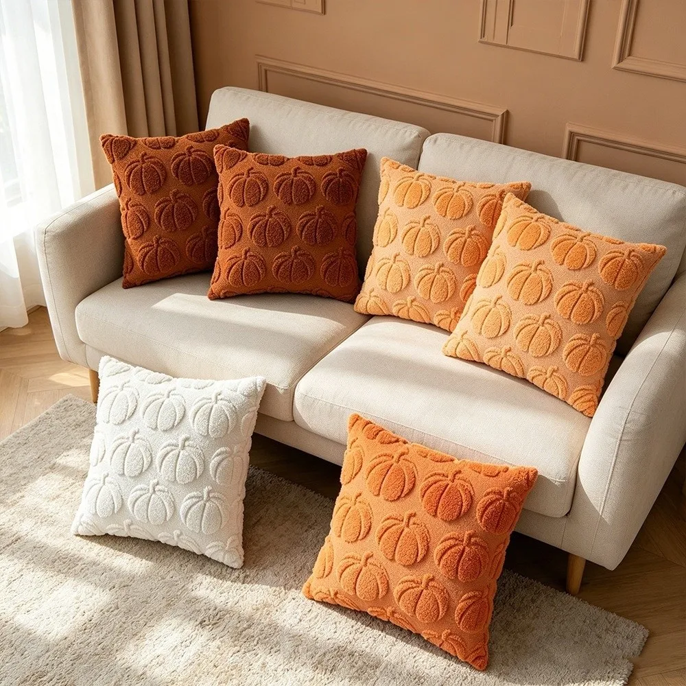 18x18 Inches Throw Pillow Covers Pumpkin Pattern Faux Wool Material Faux Wool Cushions Soft Fabric Quilting Design Pillow Cases