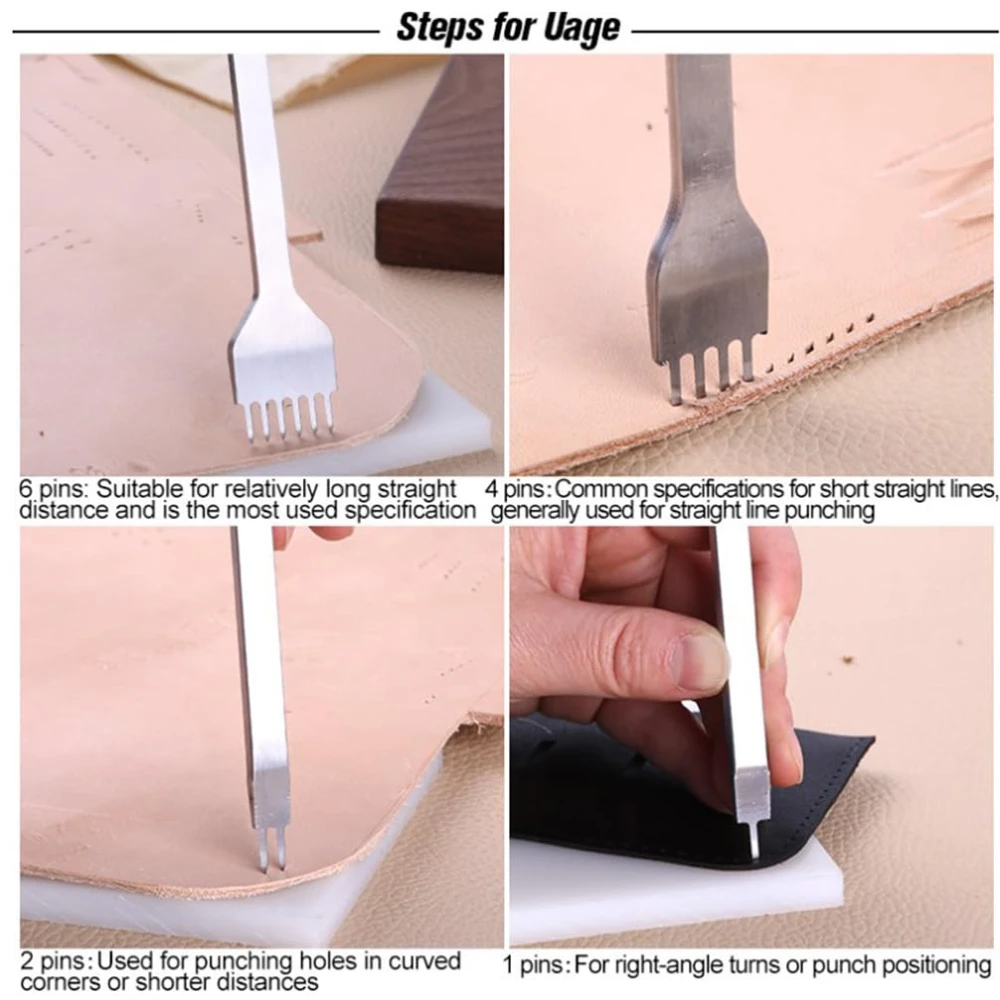 1/2/4/6 fori Fork Row Hole Punch, strumenti fai da te in similpelle, strumento di punzonatura per cuciture perforate a mano, strumento di