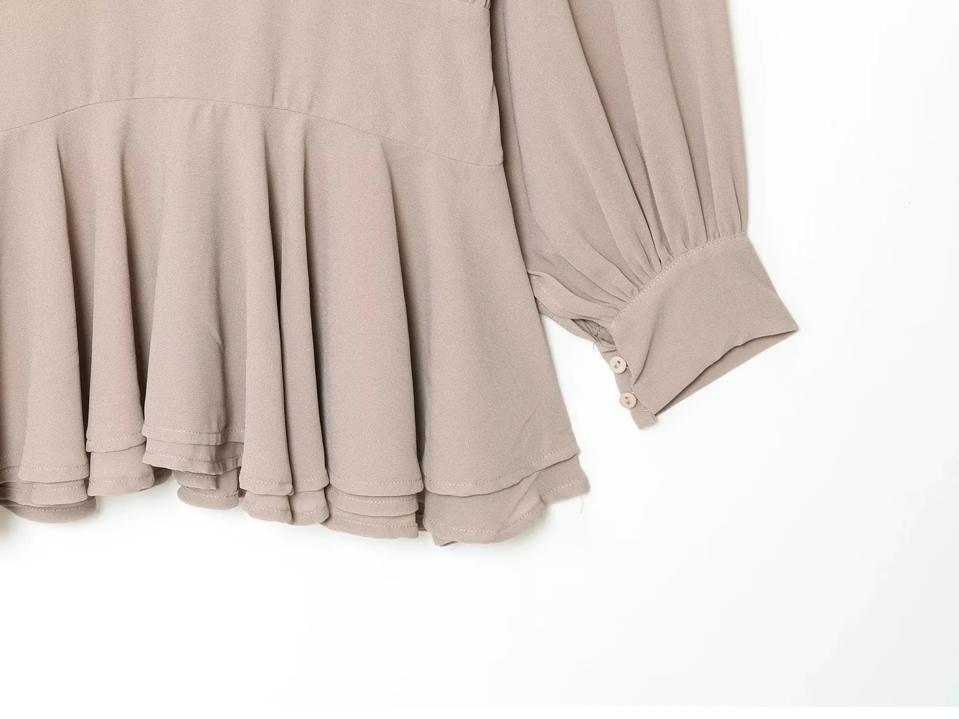 Herbst Frühling Damenmode Elegantes Büro-Bowknot-Kleid Lockerer Alltag Beige Chiffon-Hemdrock mit Rüschensaum