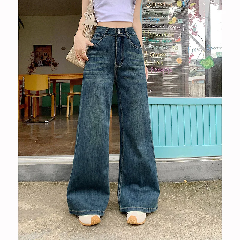 

Lady Fashion Solid Baggy Jeans Female Retro Casual High Waist Pants Women Double Button Straight Leg Denim Trousers