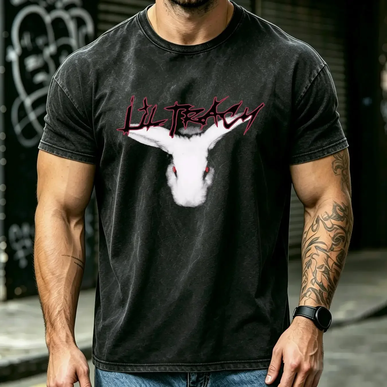 washed T Shirt Lil Tracy RabbiT  Black Classic Size S 5XL VE1080 vintage Washed Stylish homme Slightly graphic Casual