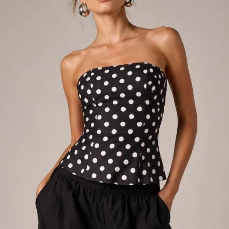 Women's Summer Strapless Tops Stylish Dot Print Slim Fit Tube T-Shirt Bandeau Tops Going Out Streetwear