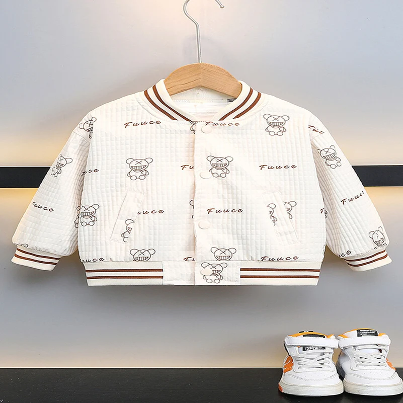 Spring and Autumn 2024  Boys' kid clothes cheap Fashion Casual Solid Color Printed Cute cartoon Bear Baseball Coat 6-12M-8Y AGE