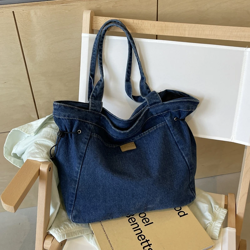 Retro Washed Denim Handbag 2024 Autumn New Lazy Versatile Tote Bag Large Capacity Commuting Drawstring Shoulder Bag for Women