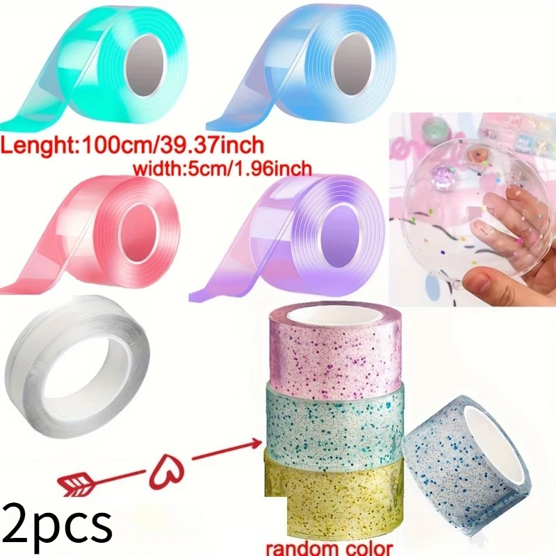 2 Rolls Random Color Large Shiny Clear Nano Double Sided Tape 1.97in×39.37in Reusable Strong Adhesive For Home Office Classroom