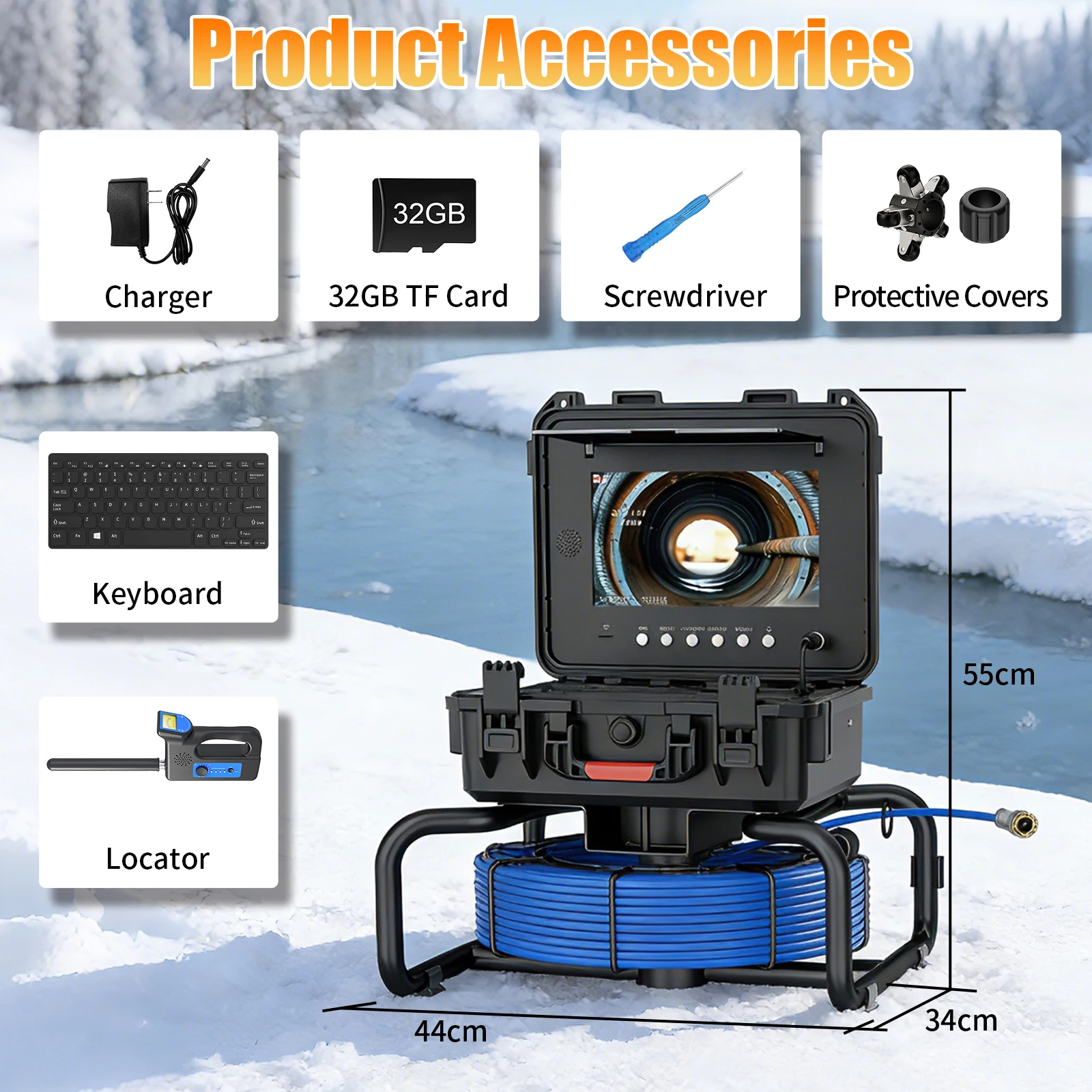 Câmera de inspeção de esgoto-câmera de esgoto com autonivelamento automático com localizador sem fio de 512 Hz, endoscópio de esgoto à prova d'água HD com 12 LEDs