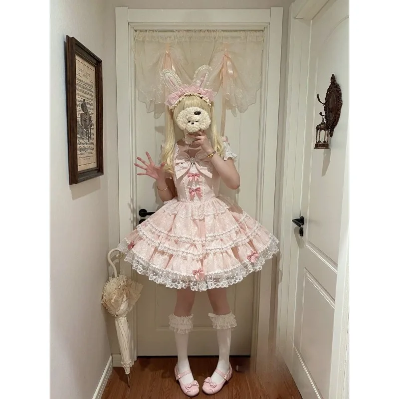 Nuevos Vestidos Lolita Japoneses Dulces, Vestido de Princesa con Lazo y Volantes Kawaii JSK, Disfraz Lindo para Fiesta de Té para Mujer, Verano