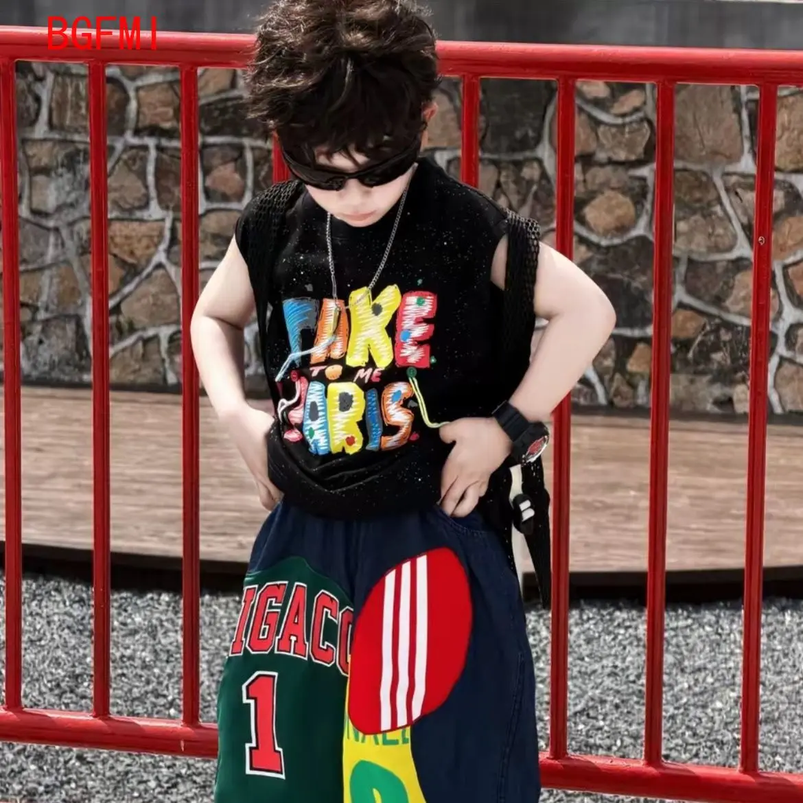 2-11Y Children's Thin Set 2026 New Style Fine Sparkle Color Letters Sleeveless Vest + Versatile Imitation Jeans Set Boy Outfits