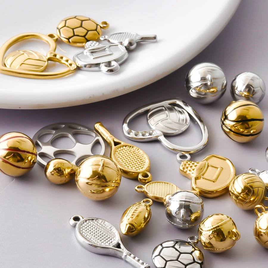 5Pcs Delicate Sports Series Football Basketball Rugby Badminton Racket Stainless Steel Pendant DIY Necklace Earring Accessories