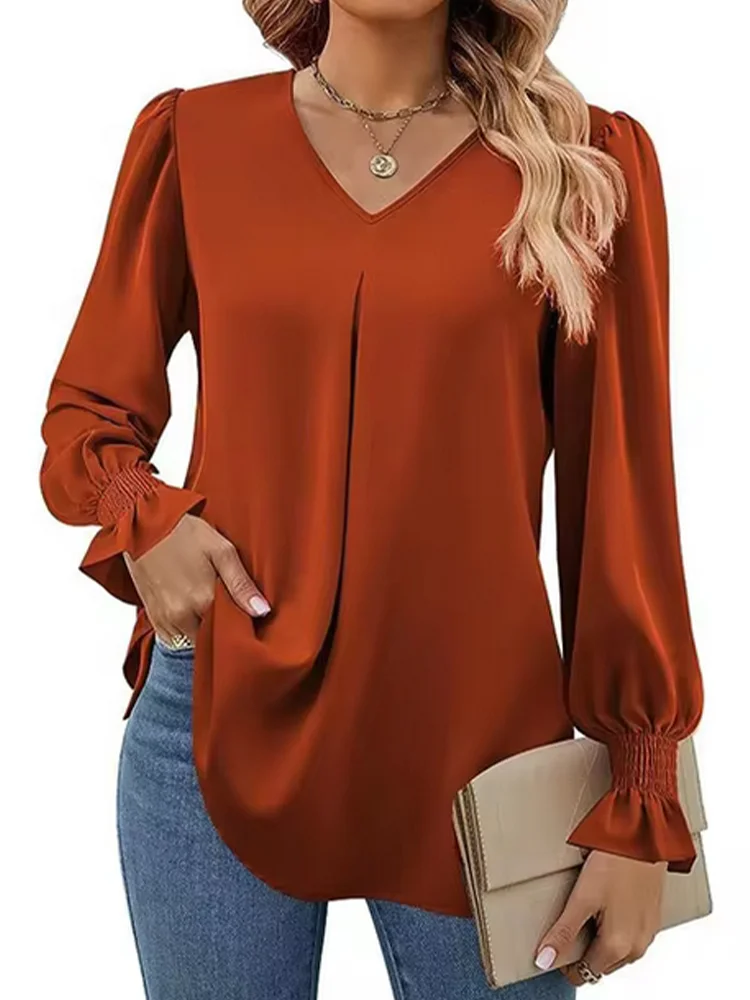 Elegant V-neck Solid Color Blouse Women\'s Long Sleeved Simple T-shirt  Autumn Top Clothes