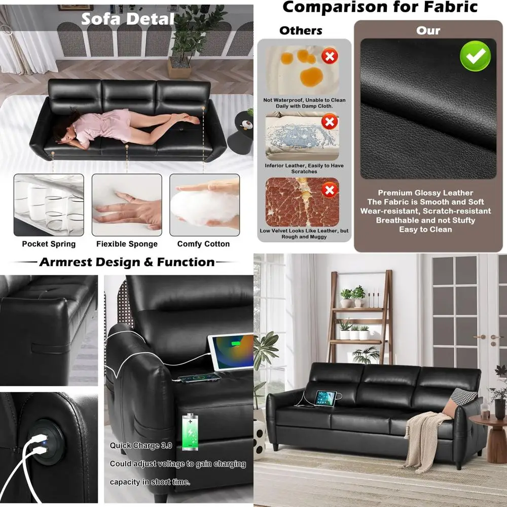 

85 Black Auxiliary Leather 3-Seater Sofa with USB Ports for Living Room or Bedroom