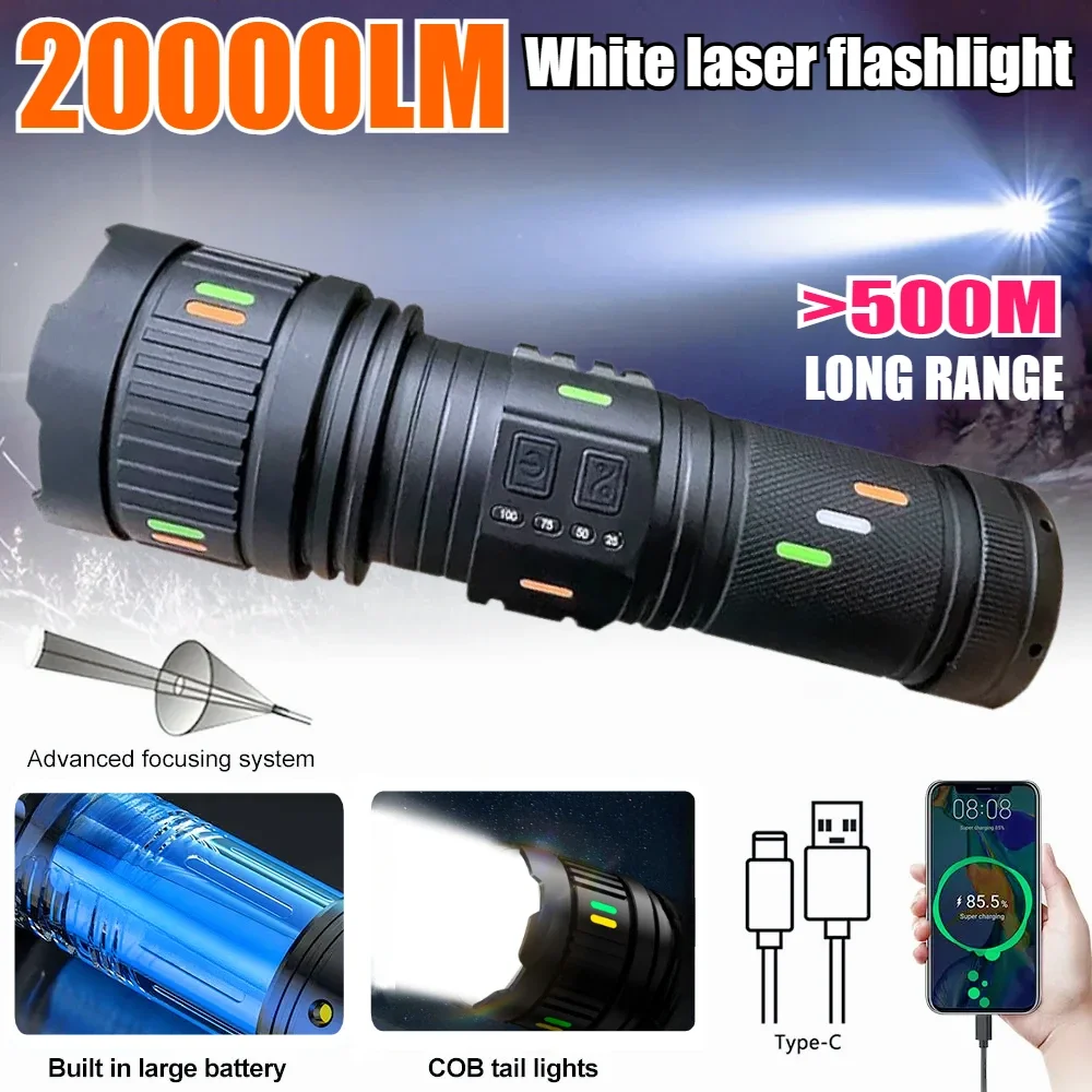 

Ultra Bright 100W LED Flashlight USB Rechargeable Powerful White Laser Tactical Torch with Luminous Strips Camping Fishing Lamp