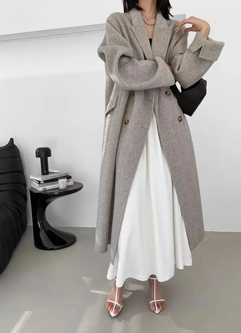 Women 2024 Winter Gray Thick Woolen Coats With Button Loose Long Sleeves Pocket Ladies Elegant OverCoat