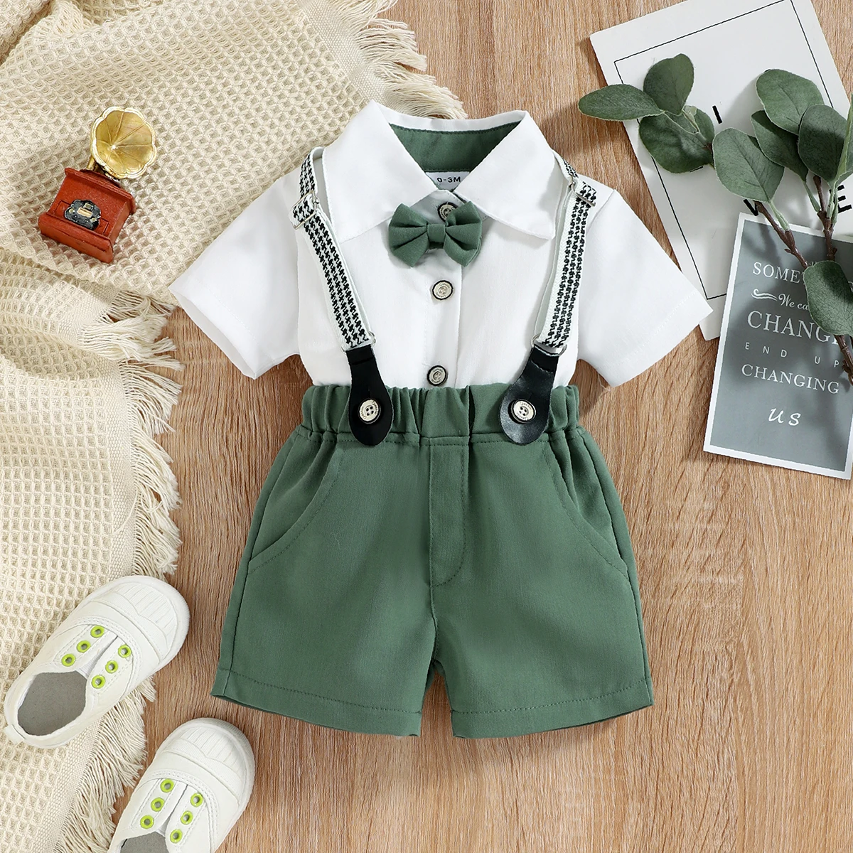 

PatPat Baby Boy Short-sleeve Party Outfit Gentle Bow Tie Shirt and Suspender Shorts Set