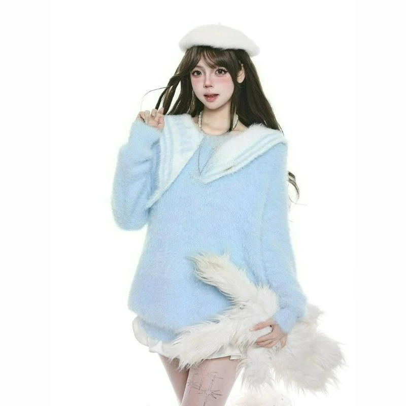 

Korean School Style Navy Neck Sweater for Women 2026 Autumn/winter New Fashion Pure Color Mink Fur Loose Warm Knitted Sweater