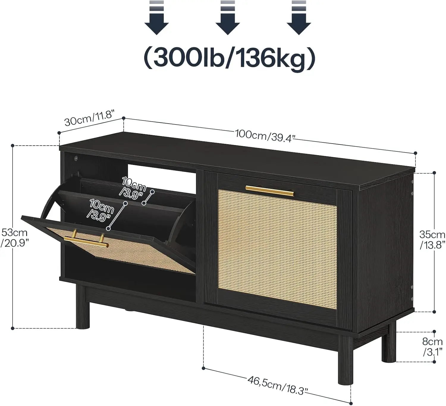 Hoobro Rattan-Like Shoe Bench, Entryway Bench With Storage, Shoe Rack Bench, 2 Flip Drawers, Shoe Cabinet, Wooden Solid Legs,