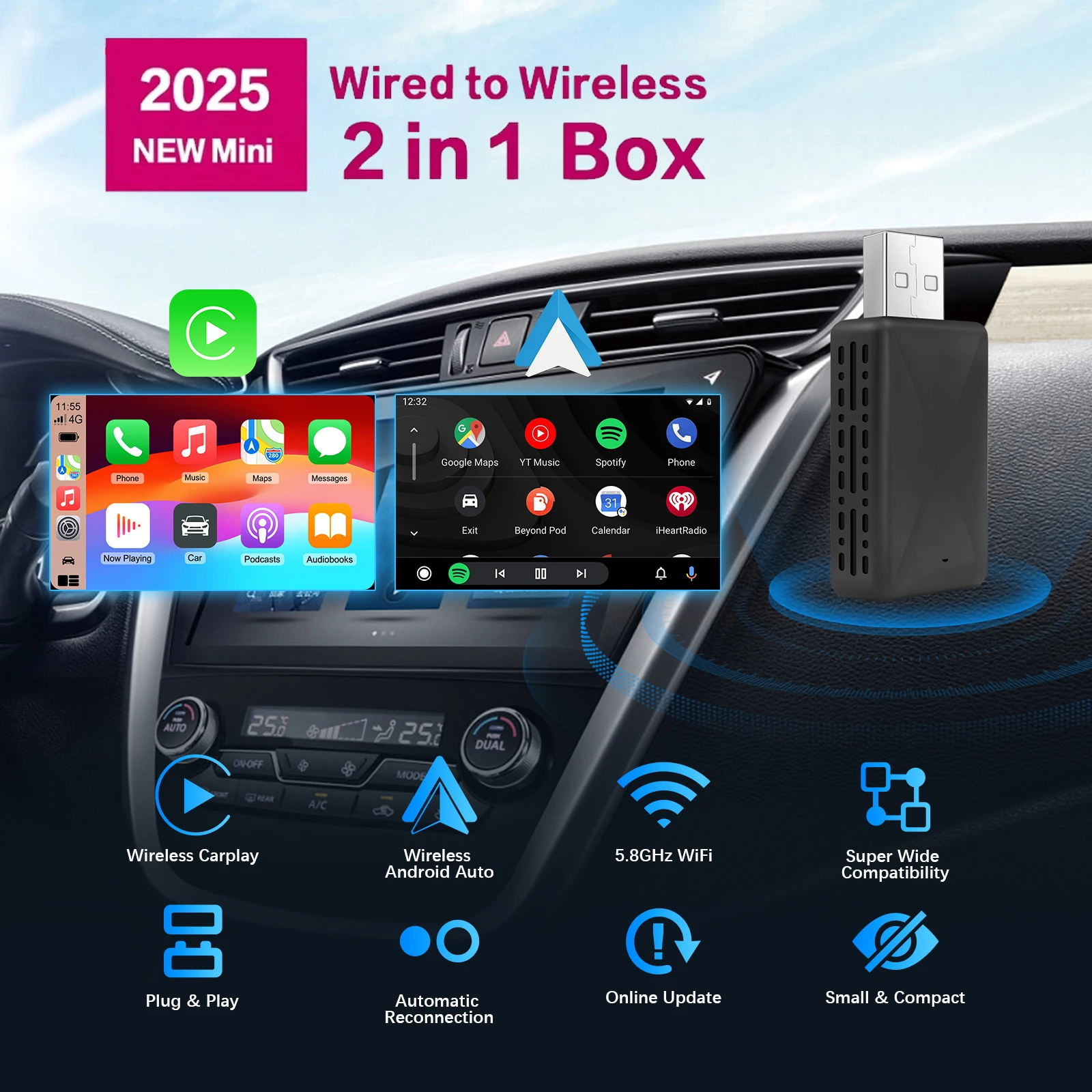 2025 جديد لاسلكي Carplay أندرويد السيارات 2In1 الذكية دونغل محول 5GWIFI BlueTooth5.2 ل 99% OEM سيارة التوصيل والتشغيل ترقية OTA