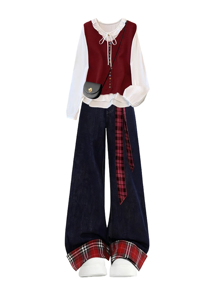 Academic Sle Set Faion invernale da donna Gilet rosso irt Jeans Abito a due pezzi Aosphere Sensation Abbigliamento Vita alta P...