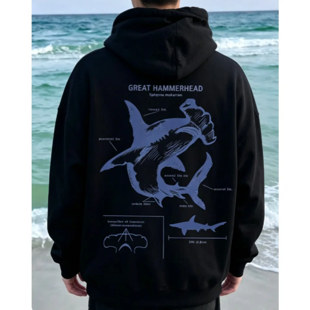 Unisex Pullover Hoodie Great Hammerhead Shark Anatomy Diagram Back Print Drawstring Kangaroo Pocket Ocean Animal Street