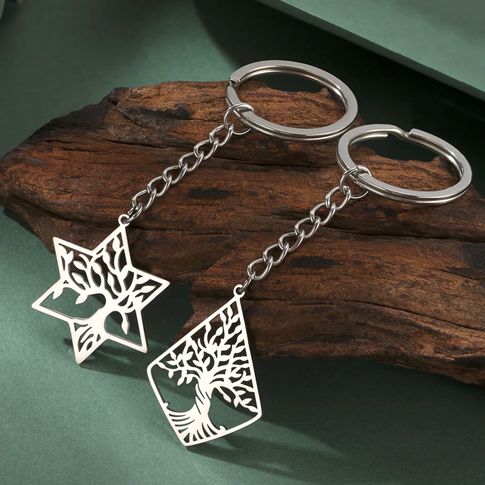 Dawapara Tree of Life with Rhombus Hexagram Keychain Star of David Jewish Gift Stainless Steel Nature Inspired Spiritual Jewelry