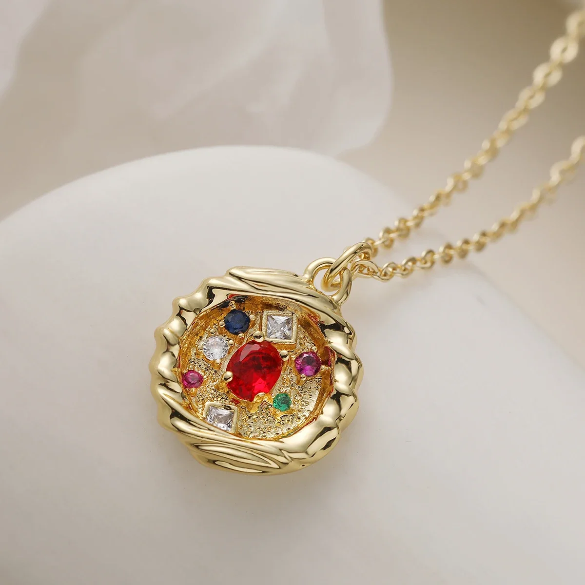 NEWBUY 18K Gold Plated Copper Pendant Necklace, Colored Zircon Stone Setting, Medallion Style Fashion Jewelry for Her