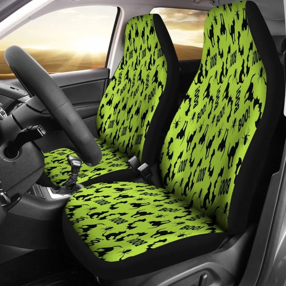 Trick Or Treat Green Cat Boo Car Seat Covers,Pack of 2 Universal Front Seat Protective Cover