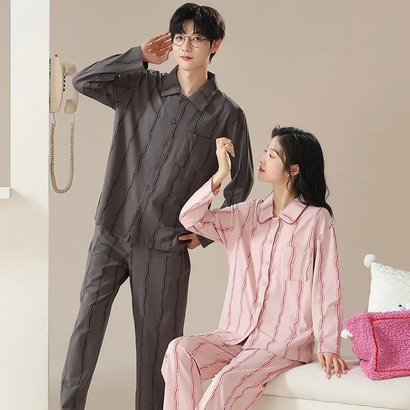 Koreanische Mode Baumwolle Nachtwäsche für Frauen und Männer 2024 Strickjacke Herbst Pyjama Set für Paare Langarm große Größe M-3XL Pijama