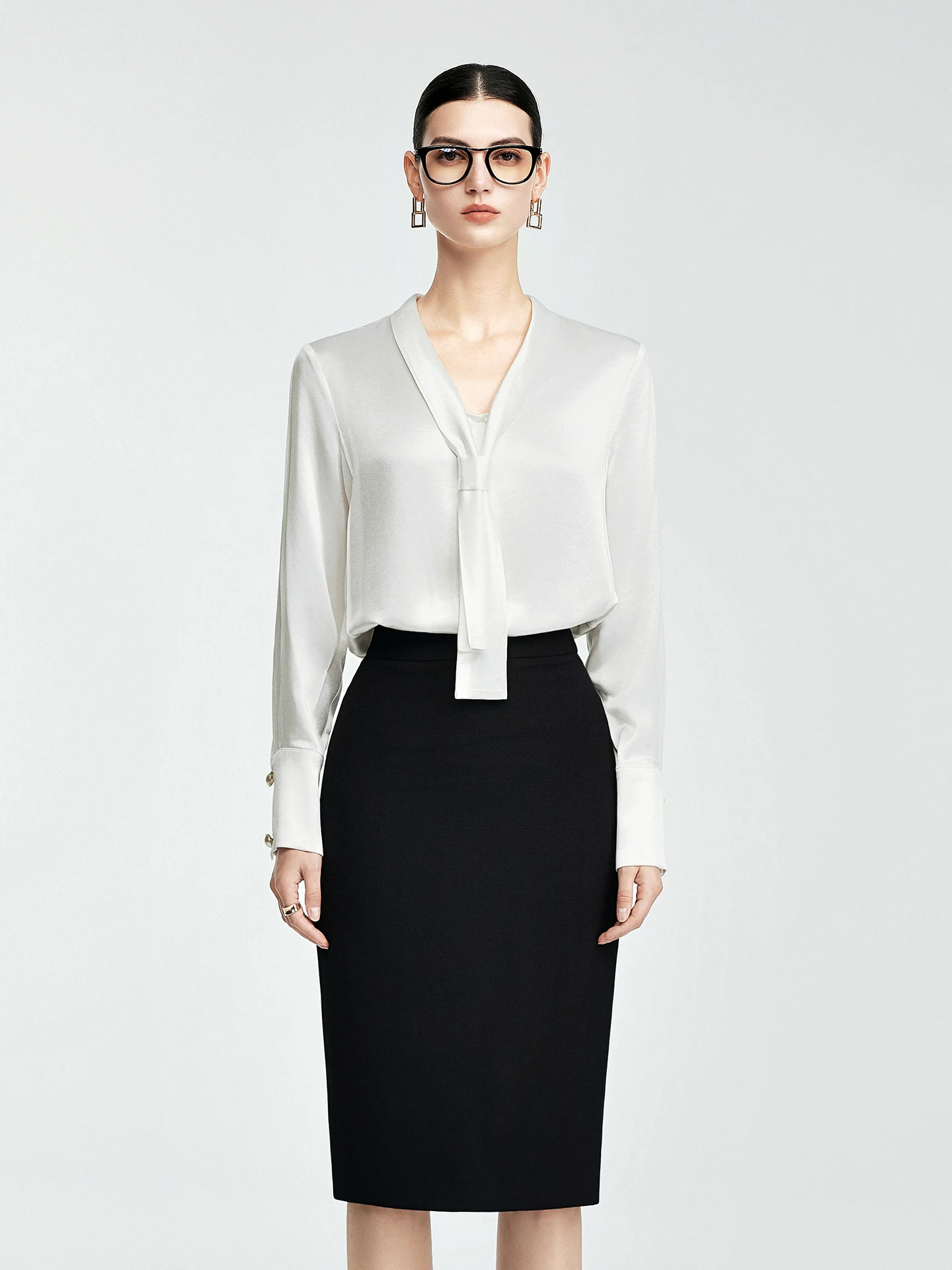 

Elegant V-Neck Silk Satin Blouse Women's High Intelligence Commuting Outfit Professional Set Skirt Acetate Sash Long Sleeve
