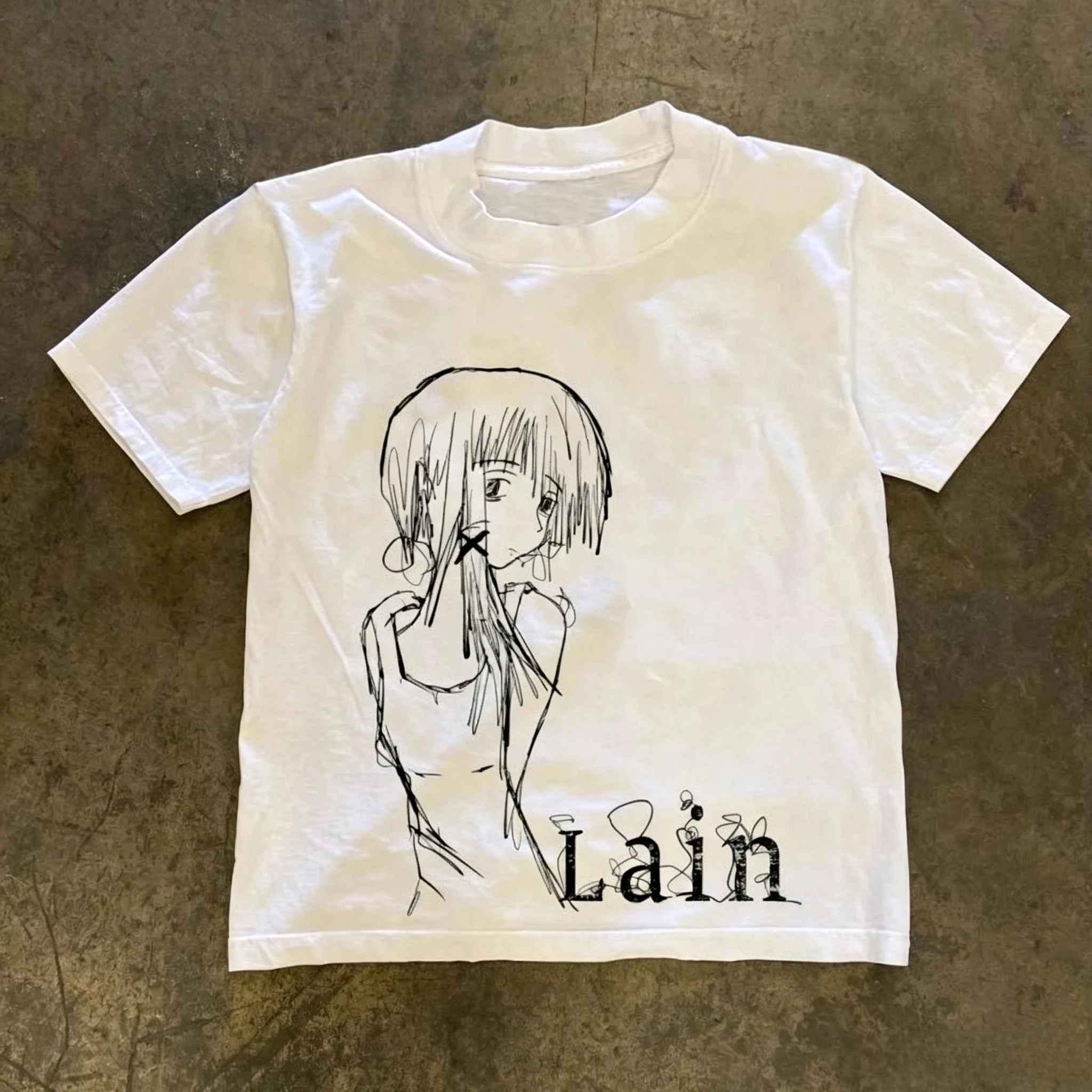 90s Vintage Cyberpunk Anime T Shirt Rough Sketch Character Print Grunge Y2K Ins Trendy Unisex Cotton Oversized Graphic Tops