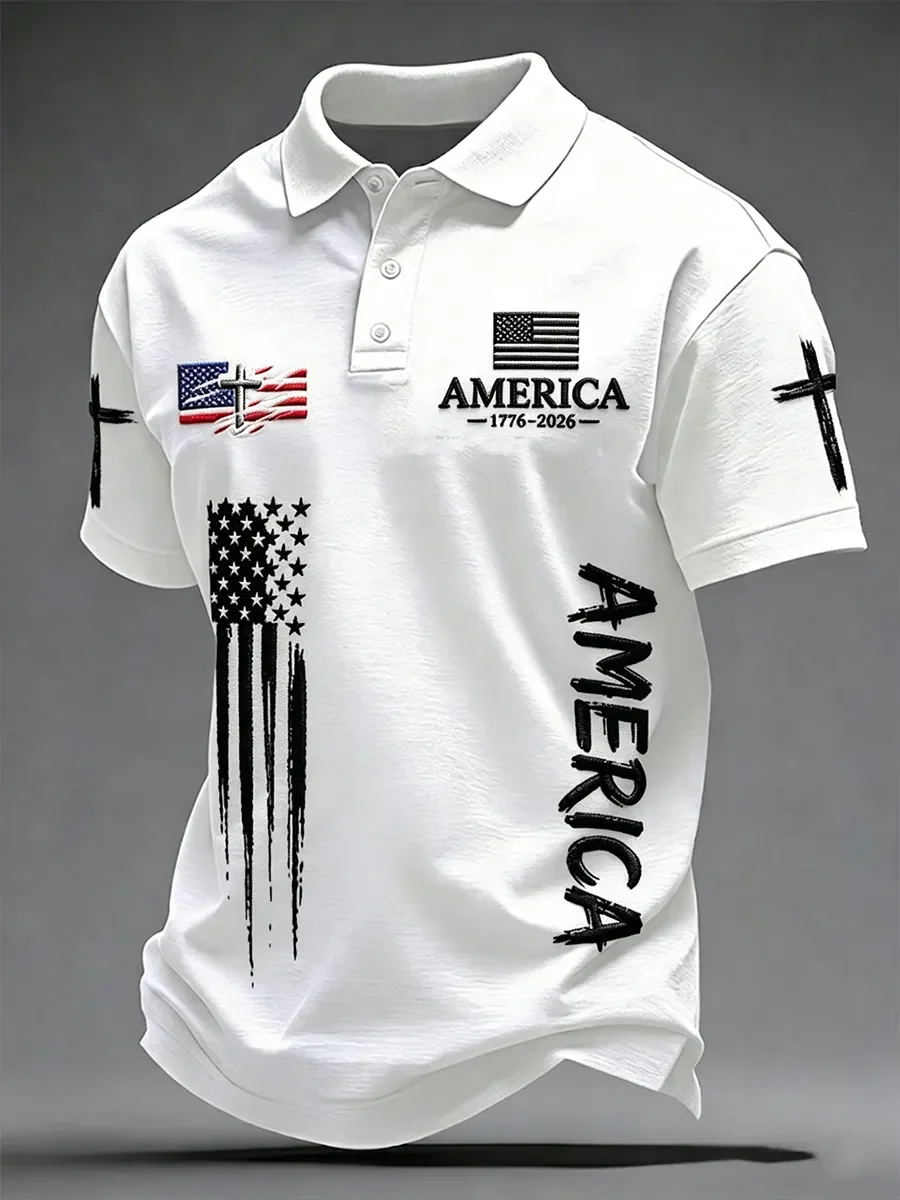 Men's American Flag Print Polo Shirt, 