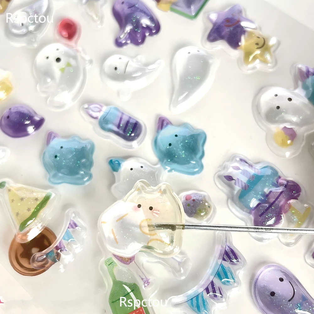 6 個かわいい漫画 3D エンボスダイヤモンドステッカーかわいいゴーストペンギンデカール DIY 電話ケーススクラップブッキング装飾レリーフステッカー