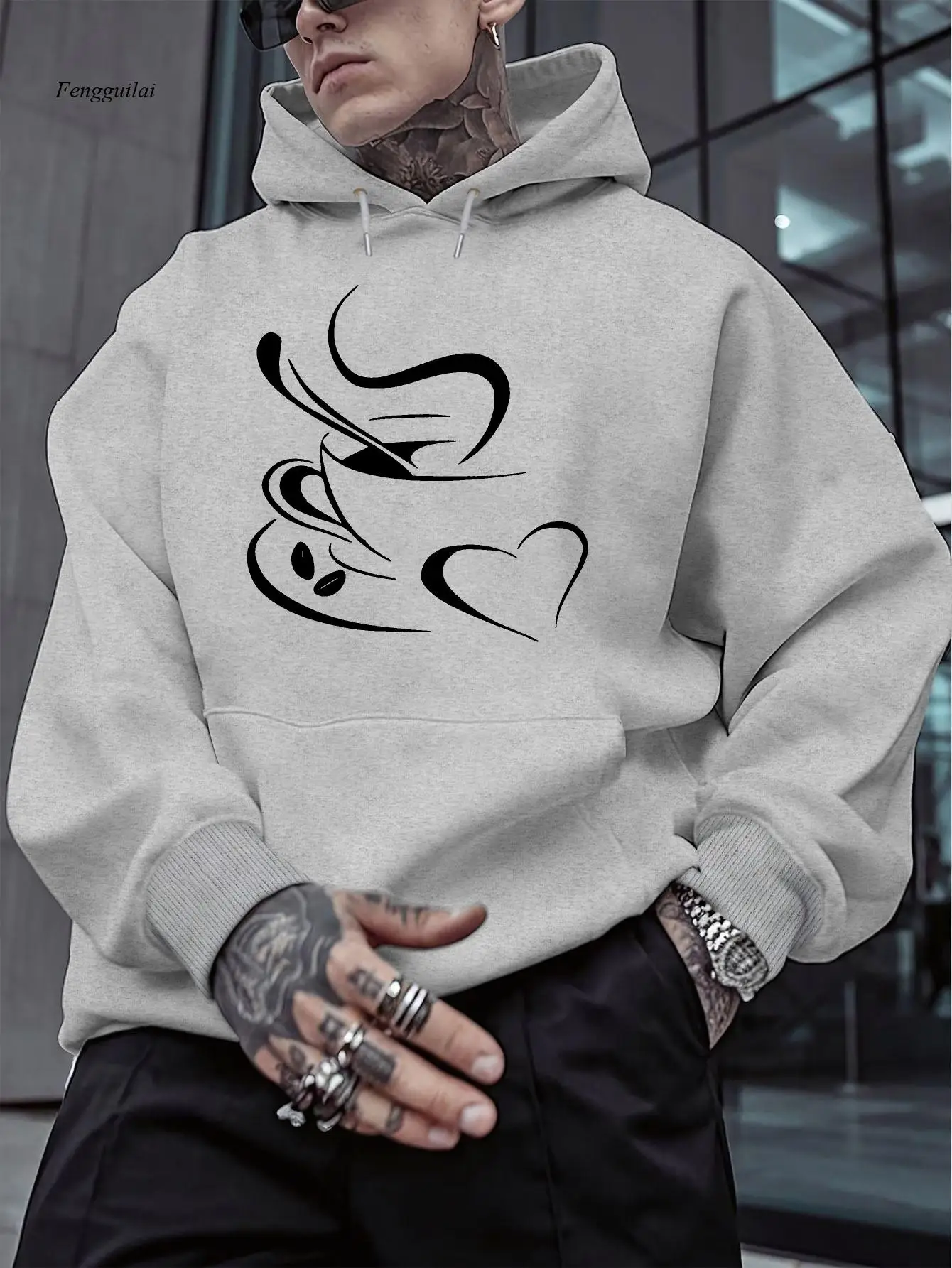 Casual Hooded Sweatshirt with Coffee and Love Graphic Print - Cozy Velvet Pullover for Fall and Winter, Long Sleeve Design