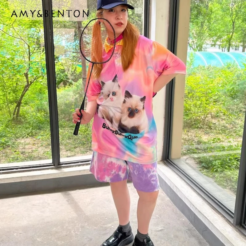 

Japanese Original Animal Print Women's T-shirt 2026 Summer Sports Mesh Loose Versatile Oversize Short-sleeved Polo Shirt Ladies