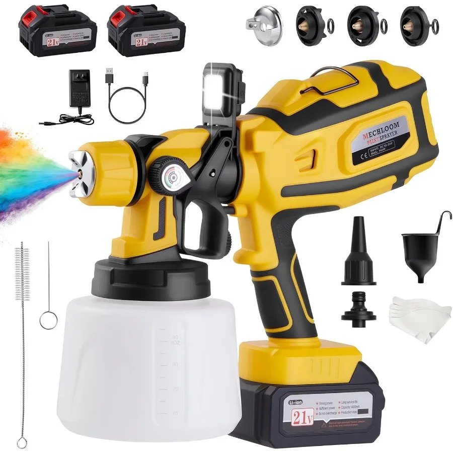 

700W Cordless Paint Sprayer with 2 × 4.0Ah Battery and Fast Charger Electric HVLP Spray Gun 3 Brass Nozzles Adjustable Flow Eas