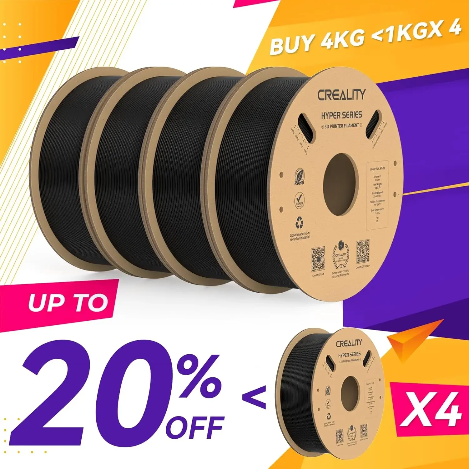 

Creality 4 шт. Черная нить Hyper PLA 1,75 мм 30-600 мм/с Высокая скорость ​ ​ 3D-принтер Точность размеров +/-0,02 мм