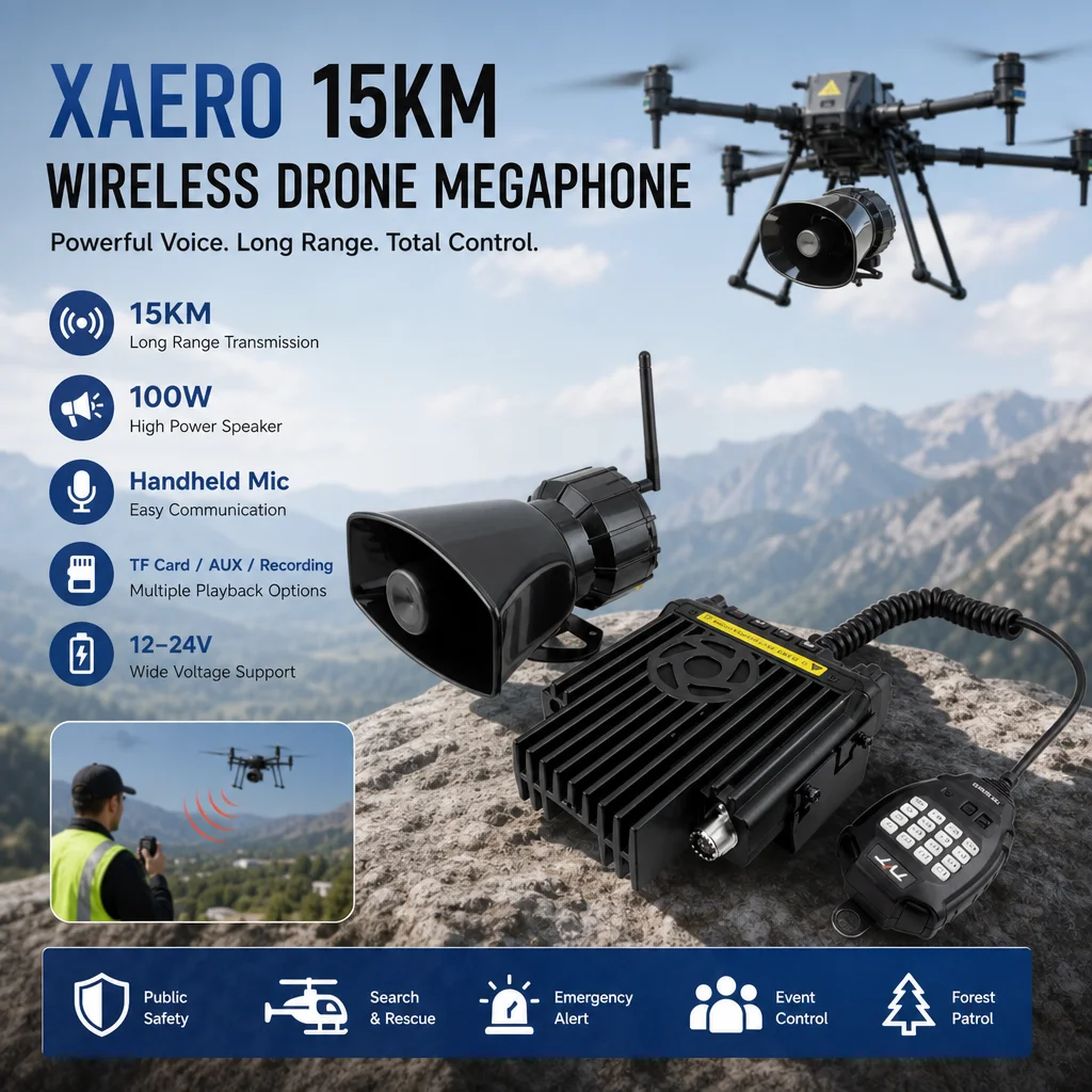 XAERO 15KM Wireless Drone Megaphone Speaker with Mic TF AUX Recording Voice Amplifier for Patrol UAV