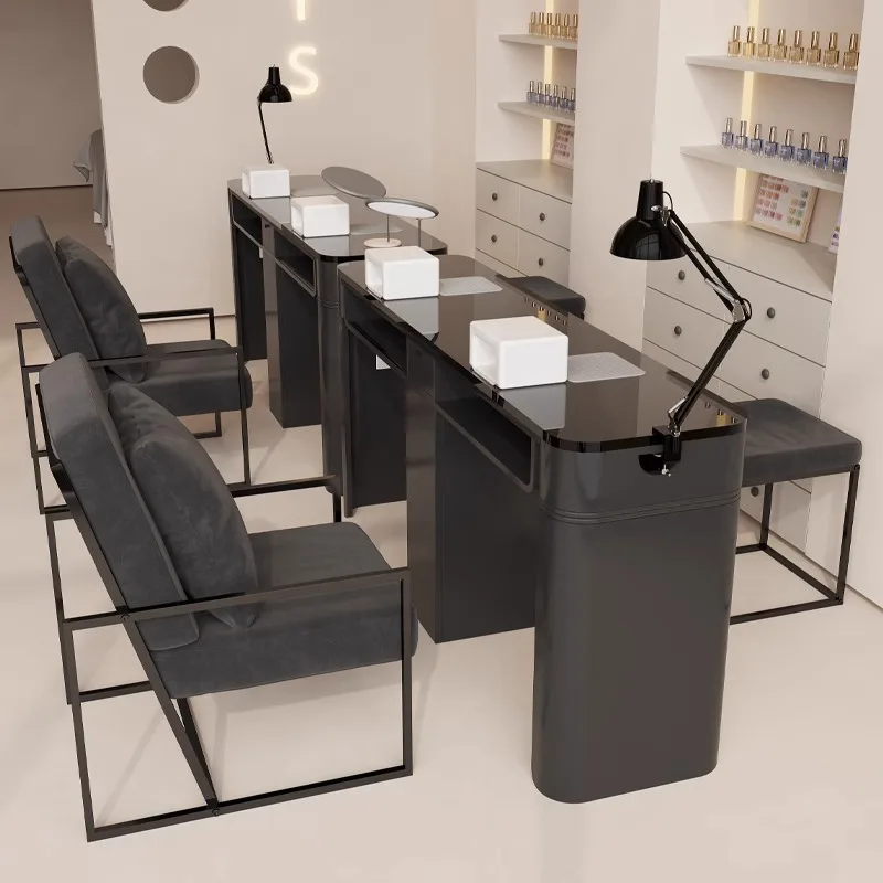 Ensemble table et chaise de manucure en verre trempé avec aspirateur, table de manucure de luxe simple et légère, table de manucure en or noir