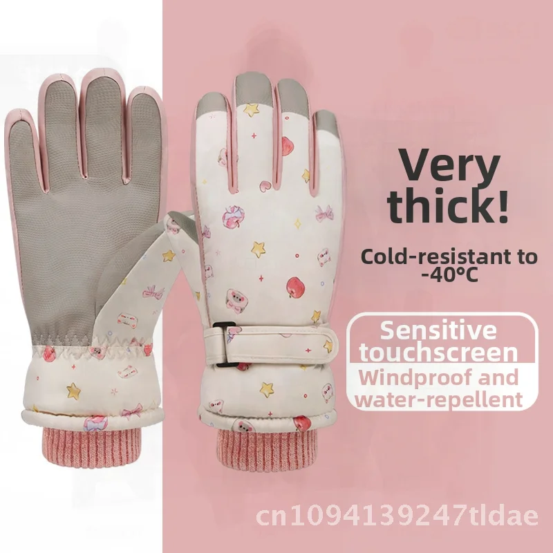 여성을위한 귀여운 새끼 고양이 스키 장갑 겨울 방풍 방수 양털 안감 두꺼운 따뜻한 미끄럼 방지 손가락 야외 사이클링 장갑