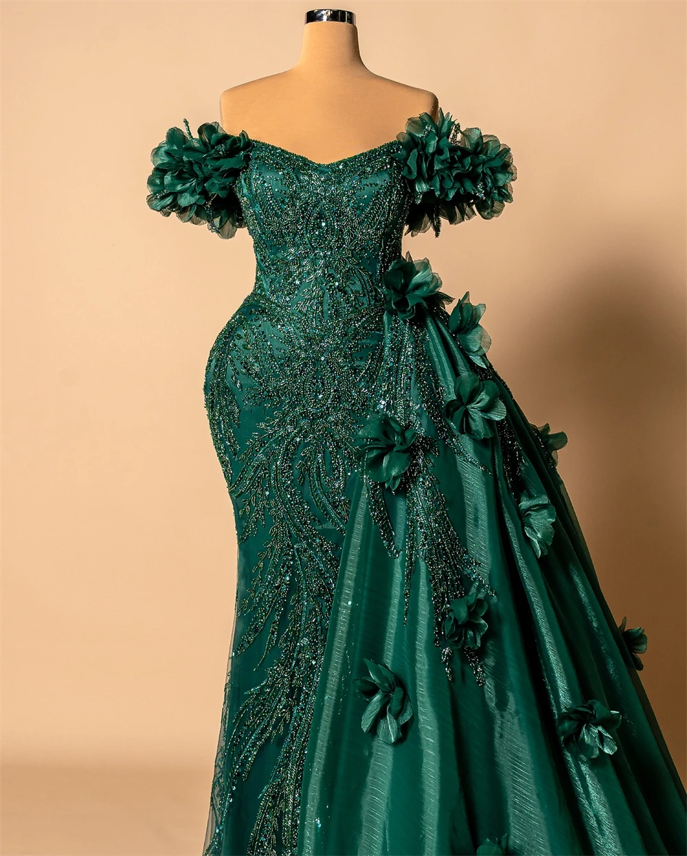 

Customized Luxury Green Organza Evening Dresses Dreamy Off the Shoulder Flowers Bespoke Occasion Gowns Temperament Party Dress